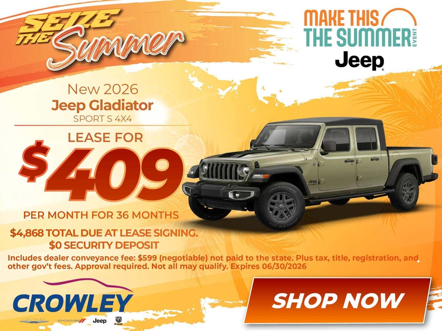 2026 Jeep Gladiator Sports 4x4 lease for $409/month