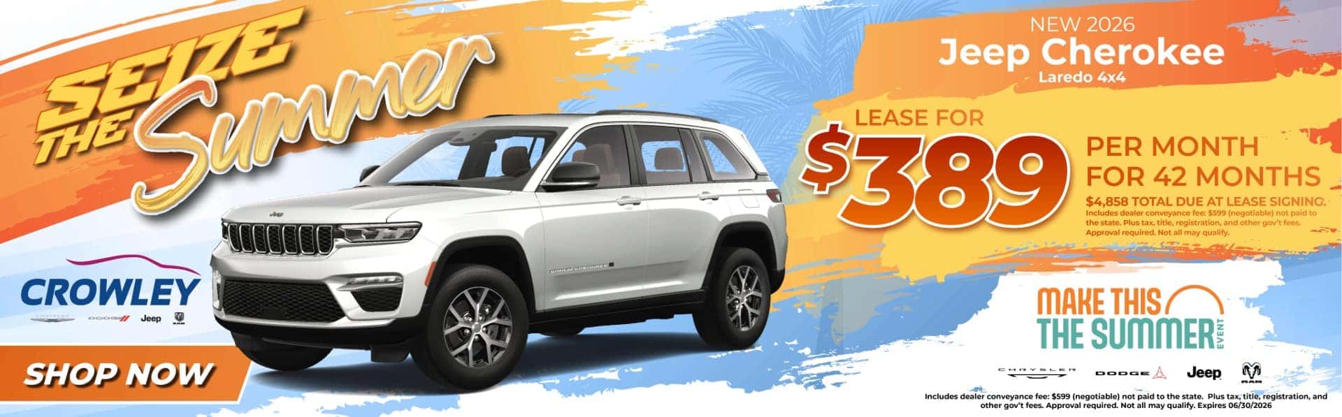 New 2026 Jeep Cherokee Larendo 4x4 Lease $389 Per Month for 42