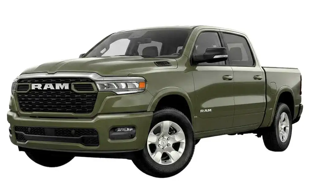 New 2026 RAM 1500 Big Horn Crew Cab 4x4 5 foot 7 inch box in green, finance for 0% APR for 60 months, get 12% below MSRP, no monthly payments for 90 days, Crowley Chrysler Dodge Jeep Ram Make This The Summer Event