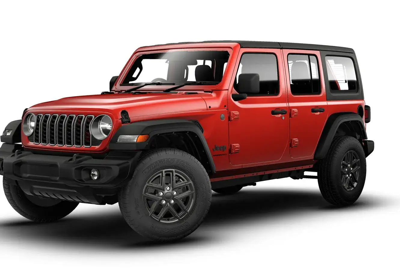 New 2026 Jeep Wrangler 4-Door Sport S in red, finance for 0% APR for 36 months, $0 down, Crowley Chrysler Dodge Jeep Ram Make This The Summer Event