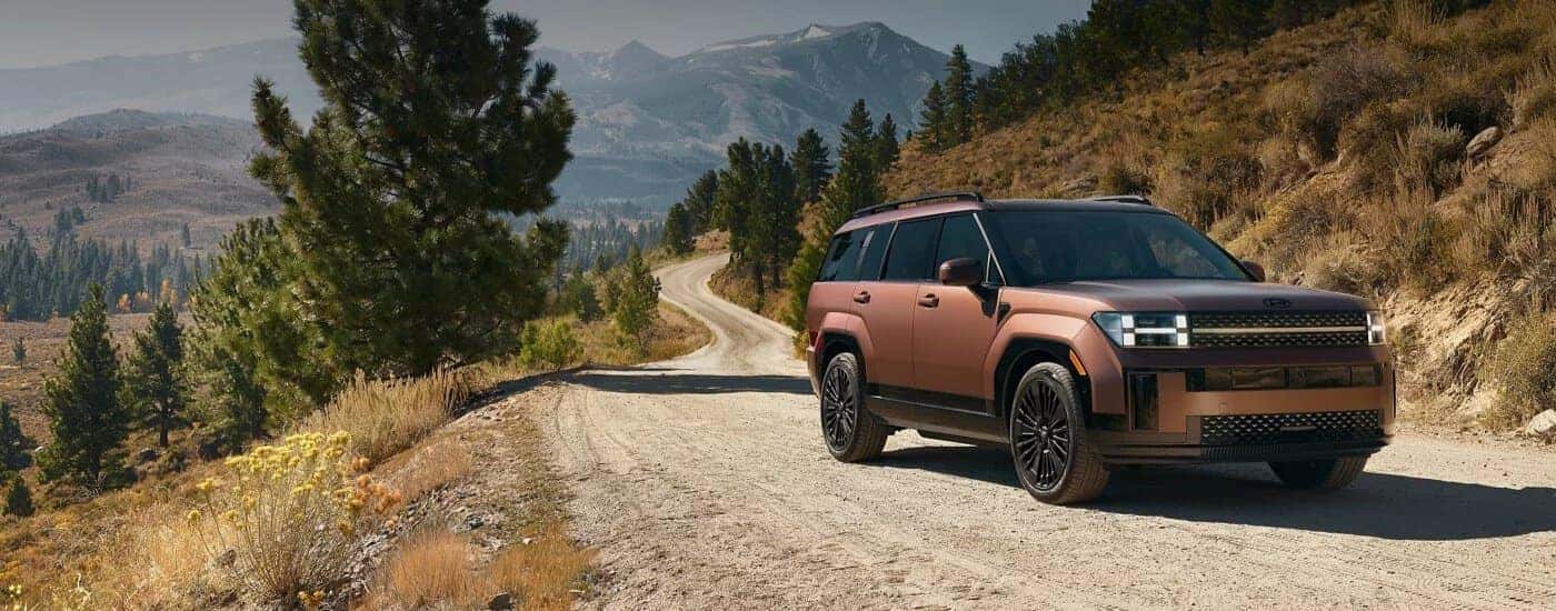 Tan 2025 Hyundai Santa Fe for sale near Enterprise driving on a dirt road