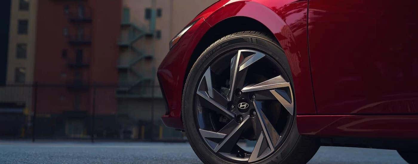 Tire and rim on a red 2025 Hyundai Elantra for sale near Birmingham