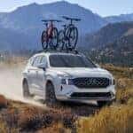 A white 2021 Hyundai Santa Fe driving on a dirt path.