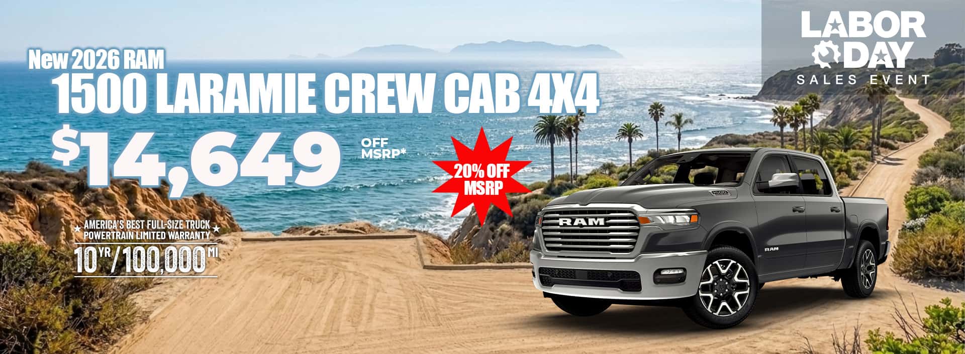 New 2026 RAM 1500 LARAMIE CREW CAB 4X4 $14,649 OFF MSRP*