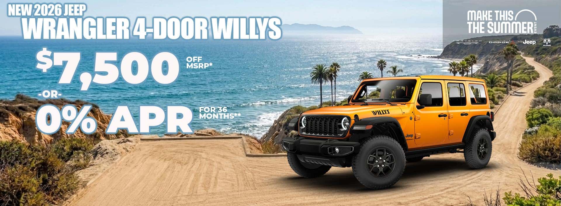 New 2026 Jeep WRANGLER 4-DOOR WILLYS $7,500 MSRP* -or- 0% APR FOR 36 MONTHS**