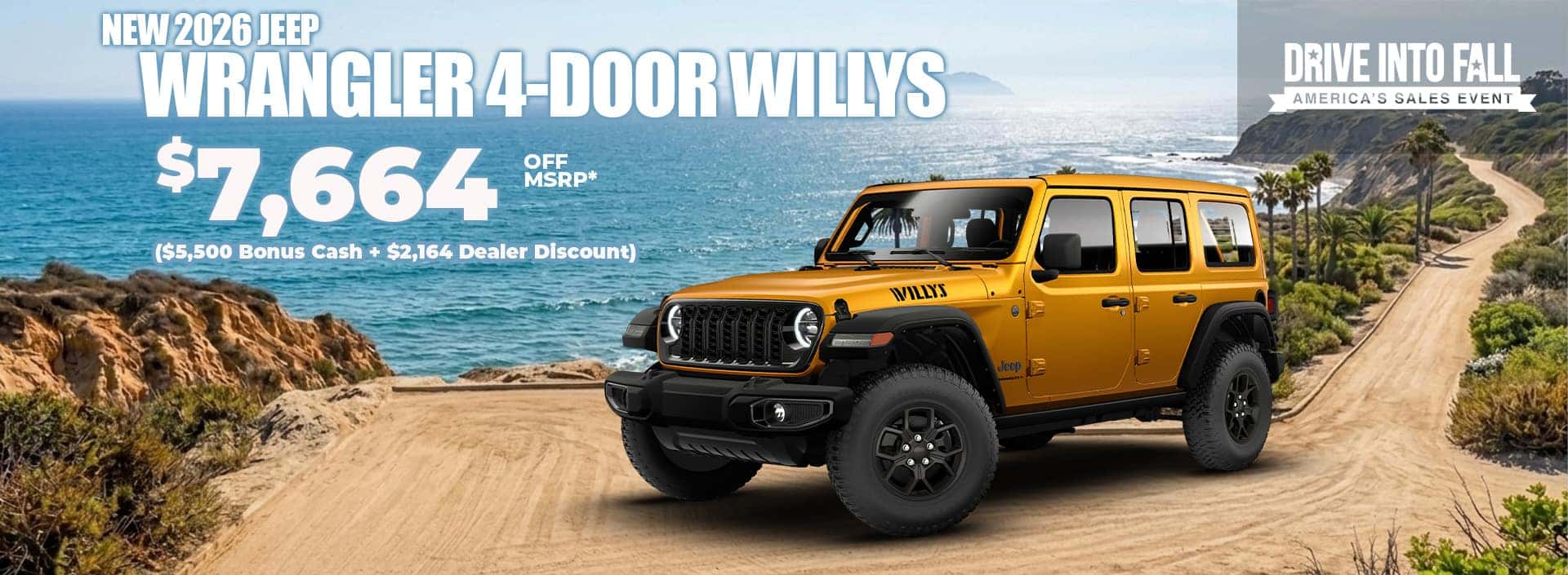 New 2026 Jeep WRANGLER 4-DOOR WILLYS $7,664 OFF MSRP* ($5,500 Bonus Cash + $2,164 Dealer Discount)