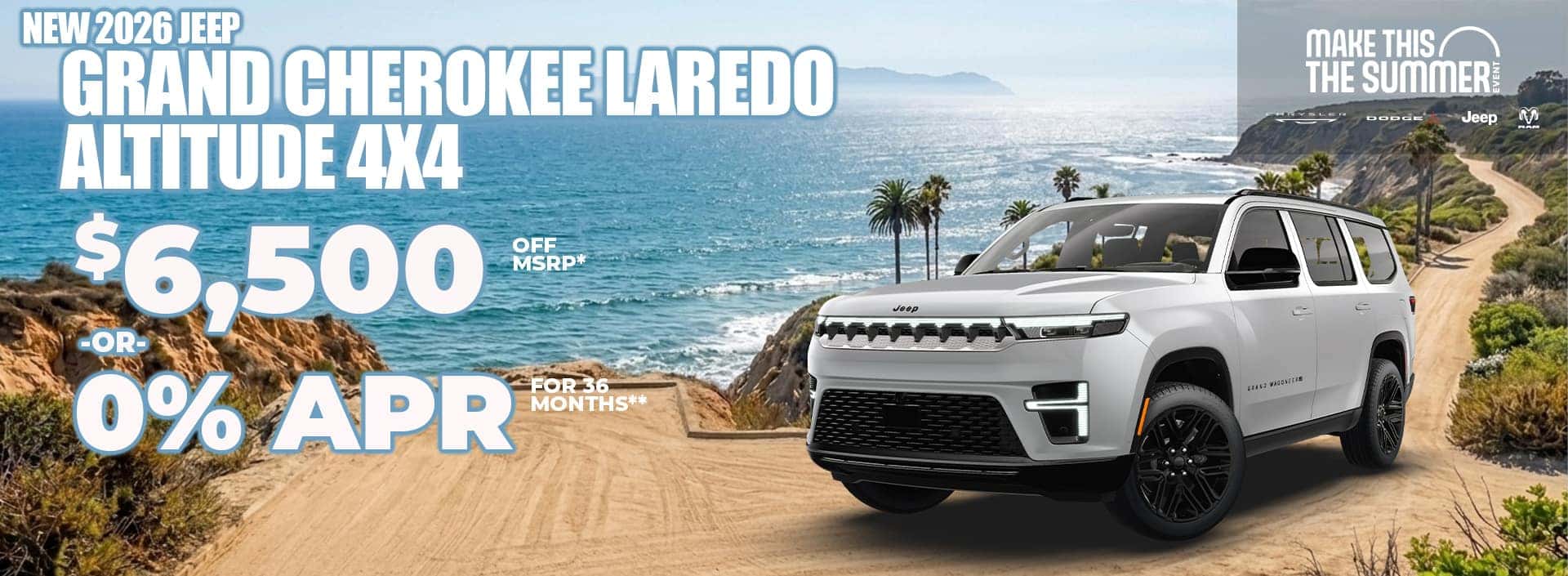 New 2026 Jeep GRAND CHEROKEE LAREDO ALTITUDE 4X4 $6,500 OFF MSRP* -or- 0% APR FOR 36 MONTHS**