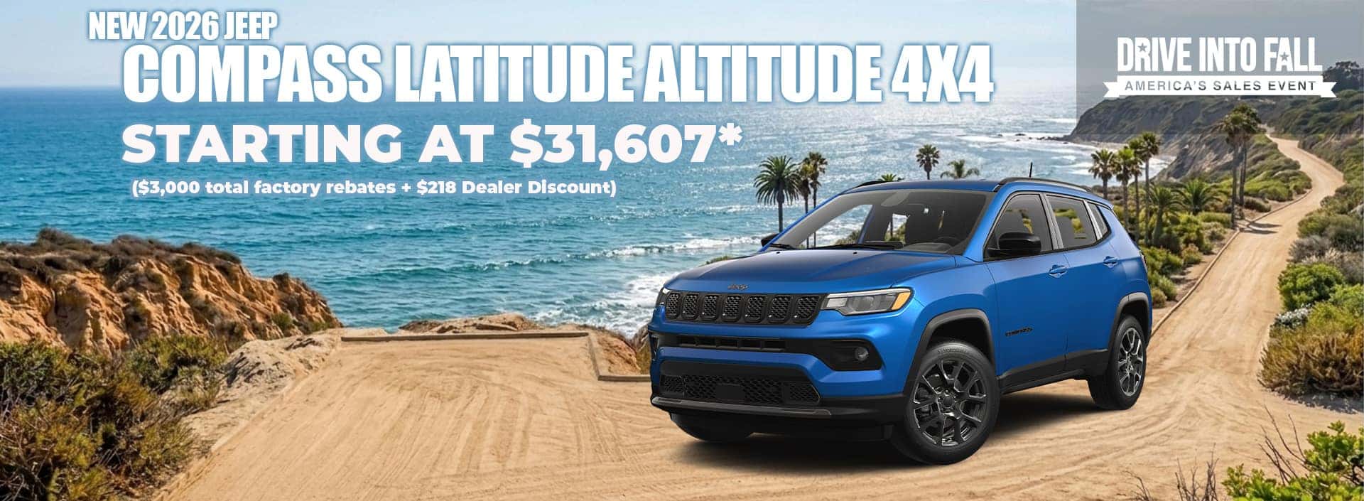 New 2026 Jeep COMPASS LATITUDE ALTITUDE 4X4 STARTING AT $31,607* ($3,000 total factory rebates + $218 Dealer Discount)
