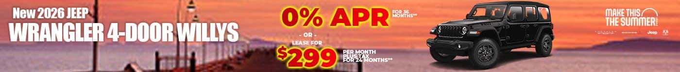 New 2026 Jeep WRANGLER 4-DOOR WILLYS 0% APR FOR 36 MONTHS* -OR- LEASE FOR $299 PER MONTH plus tax for 24 months**