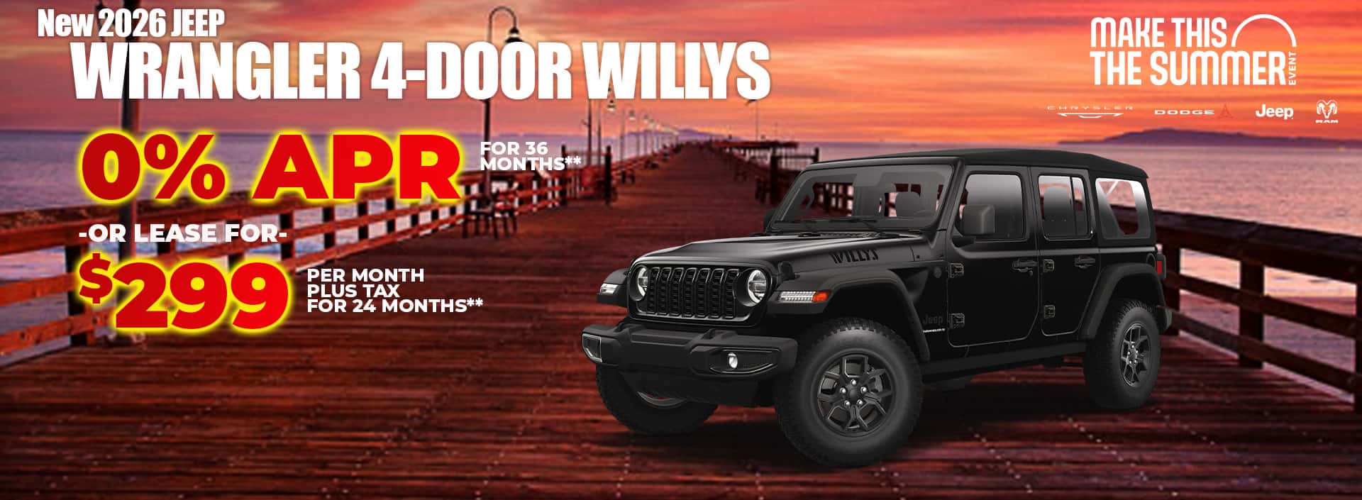 New 2026 Jeep WRANGLER 4-DOOR WILLYS 0% APR FOR 36 MONTHS* -OR- LEASE FOR $299 PER MONTH plus tax for 24 months**