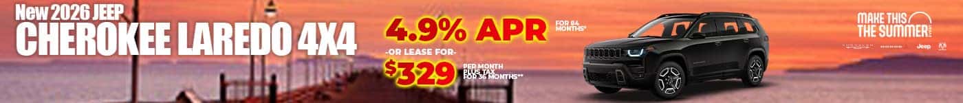 New 2026 Jeep CHEROKEE LAREDO 4X4 4.9% APR for 84 months* -OR- LEASE FOR $329 plus tax for 36 months*