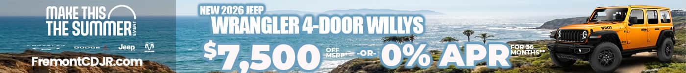 New 2026 Jeep WRANGLER 4-DOOR WILLYS $7,500 MSRP* -or- 0% APR FOR 36 MONTHS**