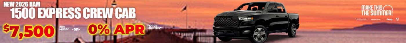 New 2026 RAM 1500 EXPRESS CREW CAB 4X4 $7,500 OFF MSRP* -or- 0% APR FOR 36 MONTHS**