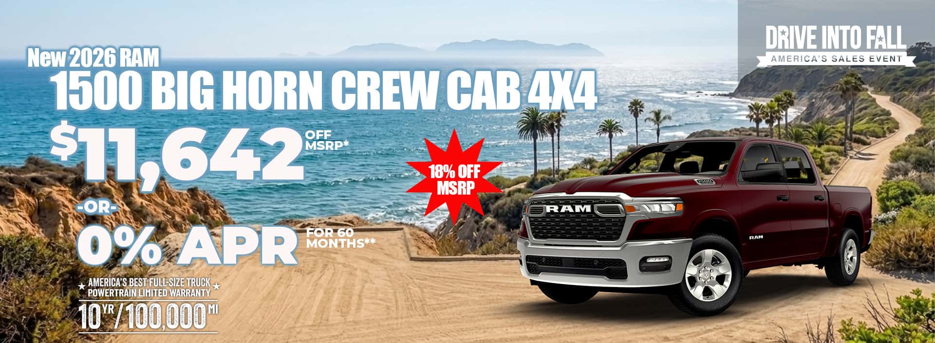 New 2026 RAM 1500 Big Horn Crew Cab 4X4 $11,642 OFF MSRP* OR 0% APR FOR 60 MONTHS**