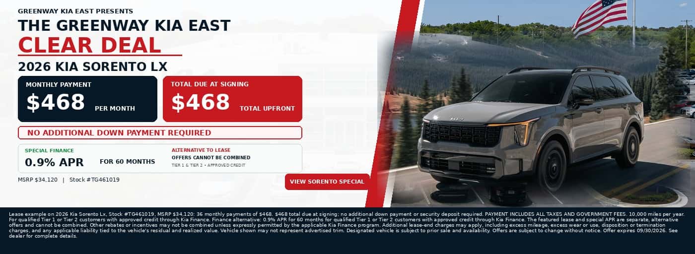 Greenway Kia East Clear Deal - 2026 Kia Sorento LX - $468 per month and $468 total due at signing