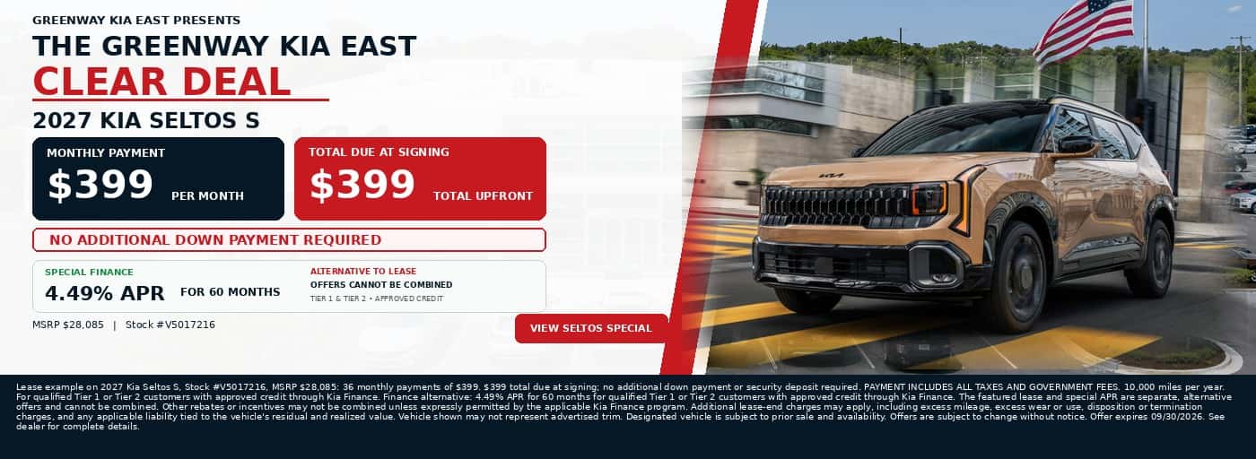 Greenway Kia East Clear Deal - 2027 Kia Seltos S - $399 per month and $399 total due at signing