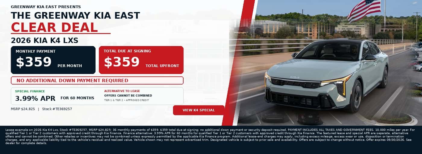 Greenway Kia East Clear Deal – 2026 Kia K4 LXS lease offer, $359 per month with $359 total due at signing