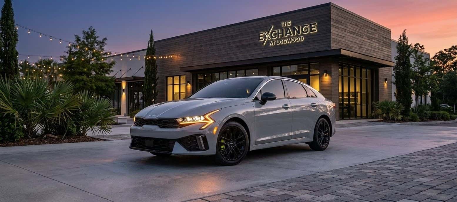 2026 Kia K5 in Wolf Gray parked at The Exchange at Logwood