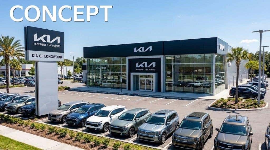 Welcome to Greenway Kia North | Longwood, FL Daytime exterior view of the modern Greenway Kia North dealership in Longwood, FL, featuring current Kia branding on Highway 17-92.