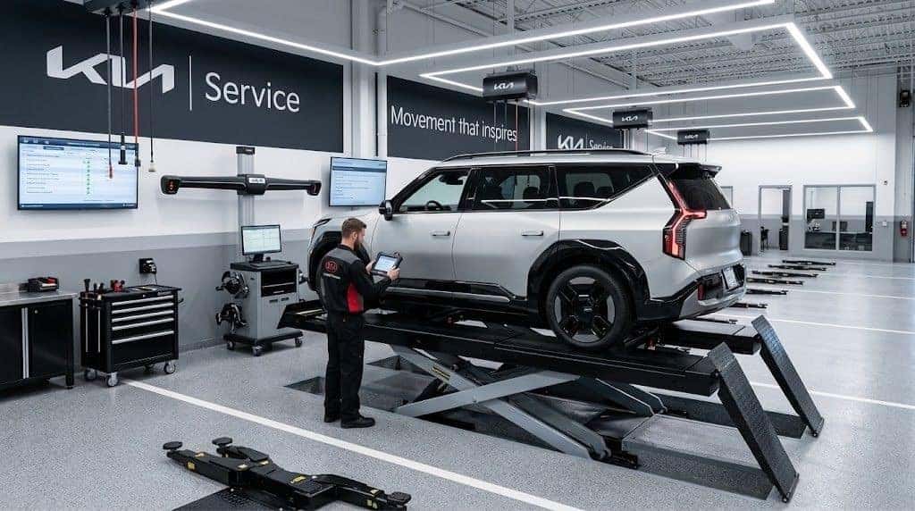 Expert Kia Service & Parts in Longwood A factory-trained Kia technician wearing a uniform performing a digital multi-point inspection on a Kia EV9 at the Greenway Kia North service center.