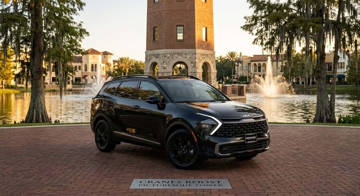 A black 2026 Kia Sportage HEV with vertical Star Map LED headlights parked at Cranes Roost Park tower in Altamonte Springs near Greenway Kia North.