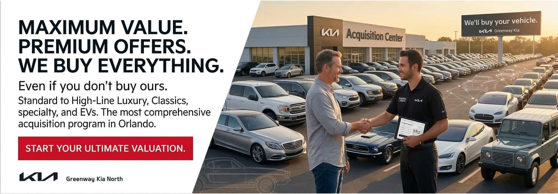 Greenway Kia North vehicle acquisition banner featuring two men shaking hands in a dealership lot filled with luxury and classic cars under a sunset sky.
