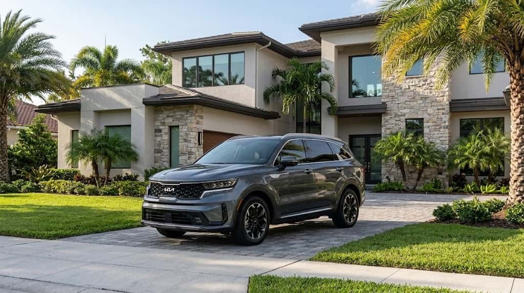 Modern Florida luxury home with an SUV parked in the driveway