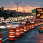 A twilight photograph of dense traffic flow on I-4 in Orlando, Florida. Long light trails from vehicles are visible across the multi-level highway. A large electronic construction sign on a trailer in the foreground displays yellow text: 'ROAD WORK AHEAD, I-4 BEYOND 434 CLOSED, USE CAUTION' with flashing arrows. Multiple orange and white traffic barrels line the road. Silhouetted palm trees are visible against a purple and orange dusk sky.