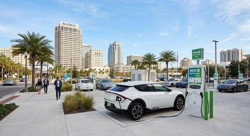 A white Kia EV6 charging at the OUC Robinson ReCharge Mobility Hub with the Downtown Orlando skyline in the background.