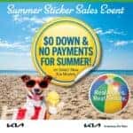 Dog in sunglasses holding ice cream on a beach with a sticker reading $0 down and no payments for summer on select new Kia models at Greenway Kia West.