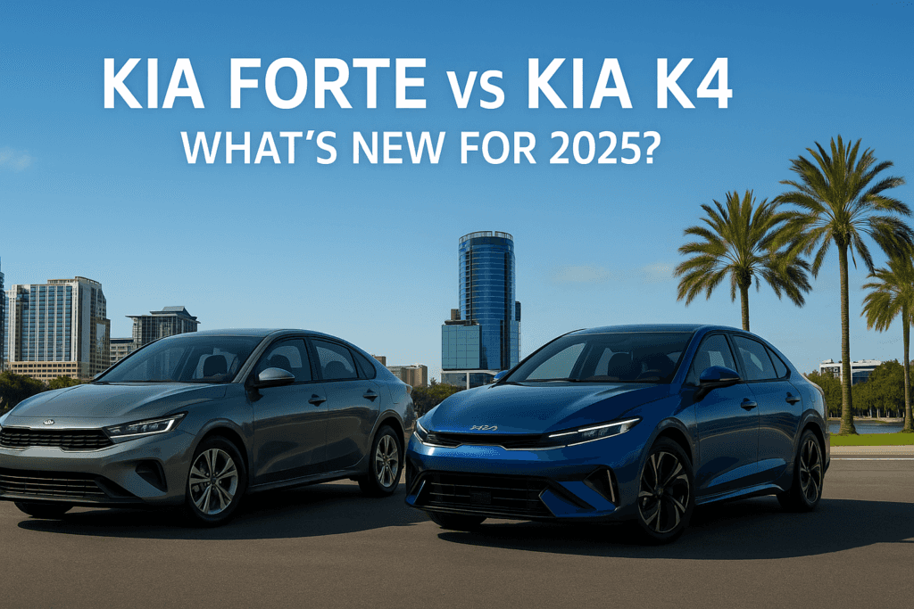 2025 Kia K4 and Kia Forte side by side in front of the Orlando skyline and palm trees, banner for Kia sedan comparison at Greenway Kia West