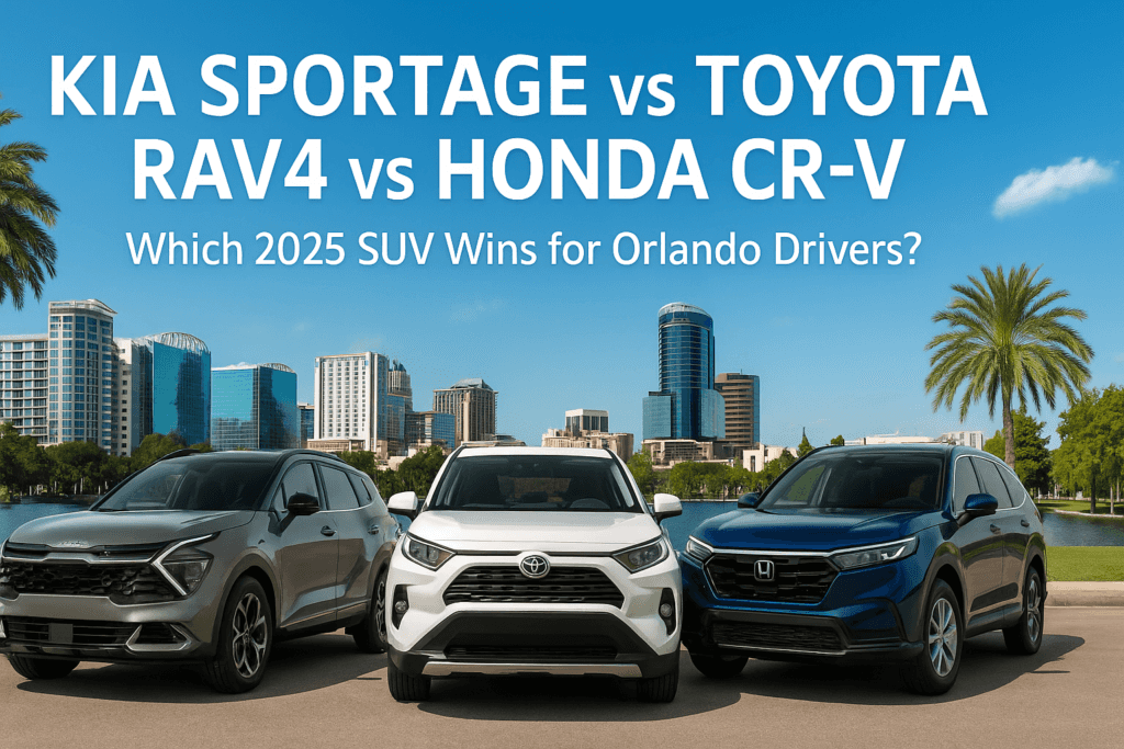2025 Kia Sportage, Toyota RAV4, and Honda CR-V side by side in front of the Orlando skyline and palm trees, banner for SUV comparison at Greenway Kia West