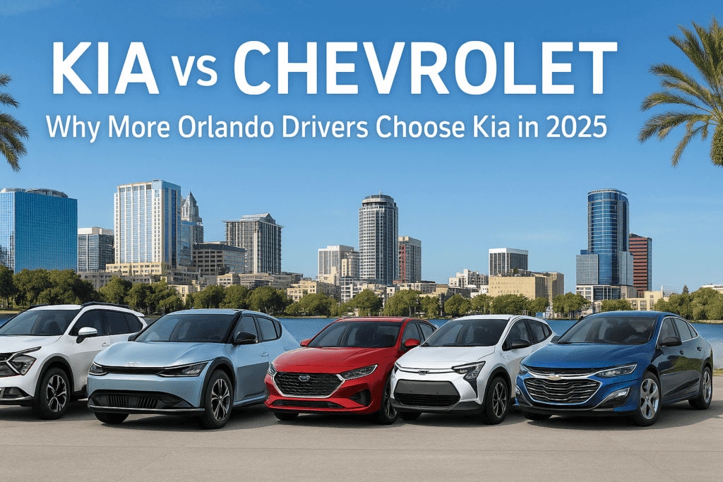 2025 Kia and Chevrolet models side by side in front of the Orlando skyline and palm trees, banner for Kia vs Chevrolet comparison at Greenway Kia West