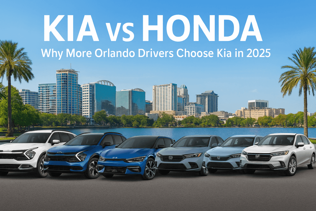 2025 Kia and Honda models side by side in front of the Orlando skyline and palm trees, banner for Kia vs Honda comparison at Greenway Kia West