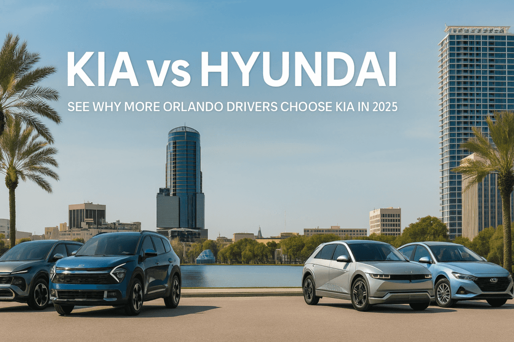 2025 Kia and Hyundai models lined up side by side in front of the Orlando skyline and palm trees, banner for Kia vs Hyundai comparison at Greenway Kia West