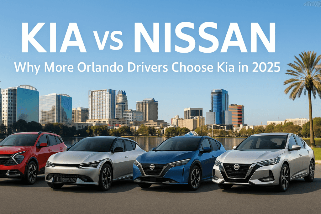 2025 Kia and Nissan models side by side in front of the Orlando skyline and palm trees, banner for Kia vs Nissan comparison at Greenway Kia West