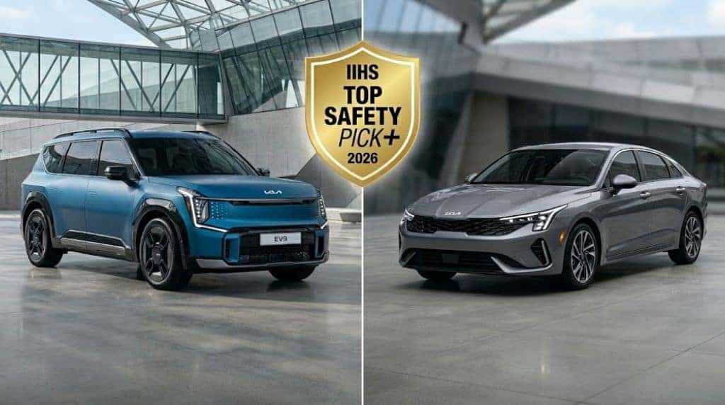 2026 Kia EV9 SUV and Kia K4 sedan with IIHS Top Safety Pick Plus badges