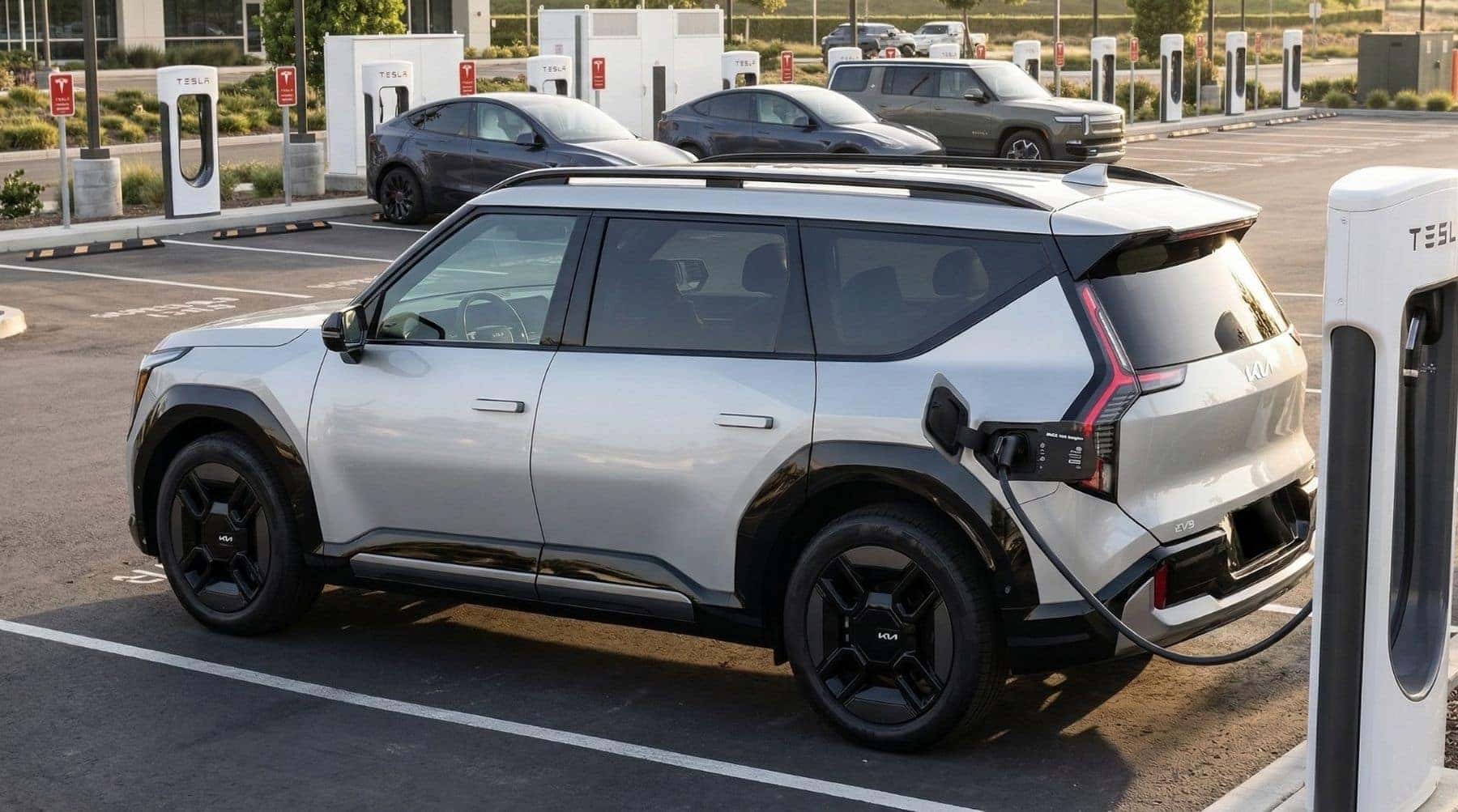 A silver 2026 Kia EV9 using a Tesla Supercharger station