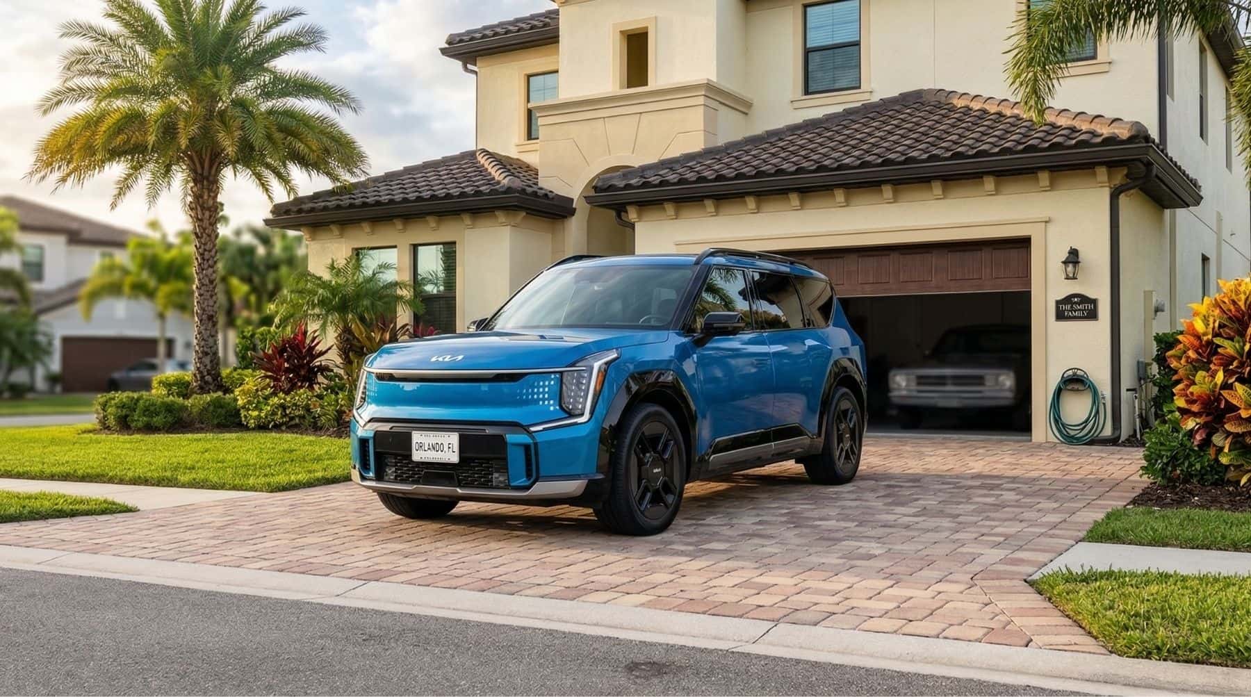 A 2026 Kia EV9 in Ocean Blue parked in a luxury brick driveway in Orlando