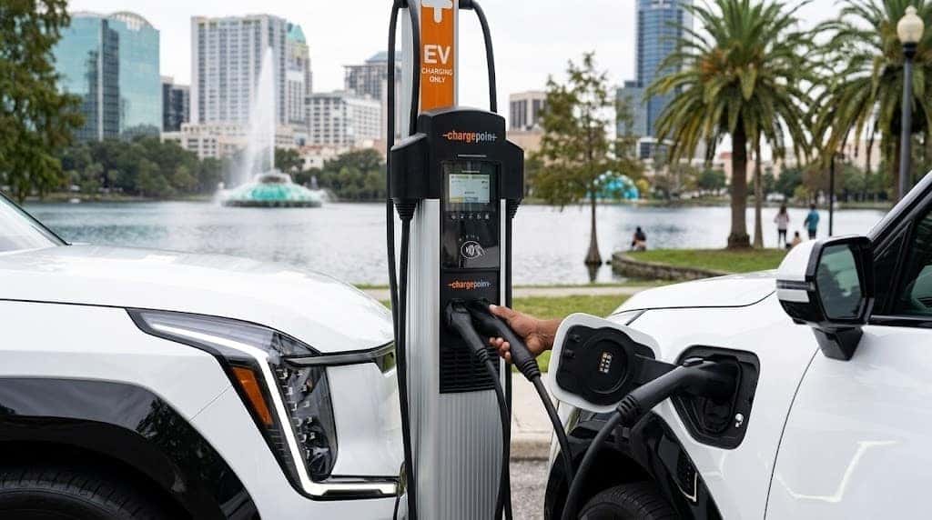 A white Kia EV9 charging at a Greenway Kia West branded station