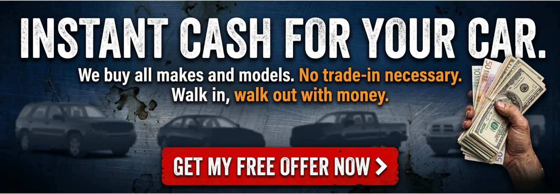 A wide horizontal banner advertising instant cash for cars in Orlando, Florida, featuring car silhouettes, a stack of money, and a 