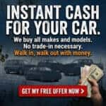 A square digital banner for a car buying service featuring a hand holding a stack of cash, silhouettes of four cars, and a red "Get My Free Offer Now" button against a blue industrial background.