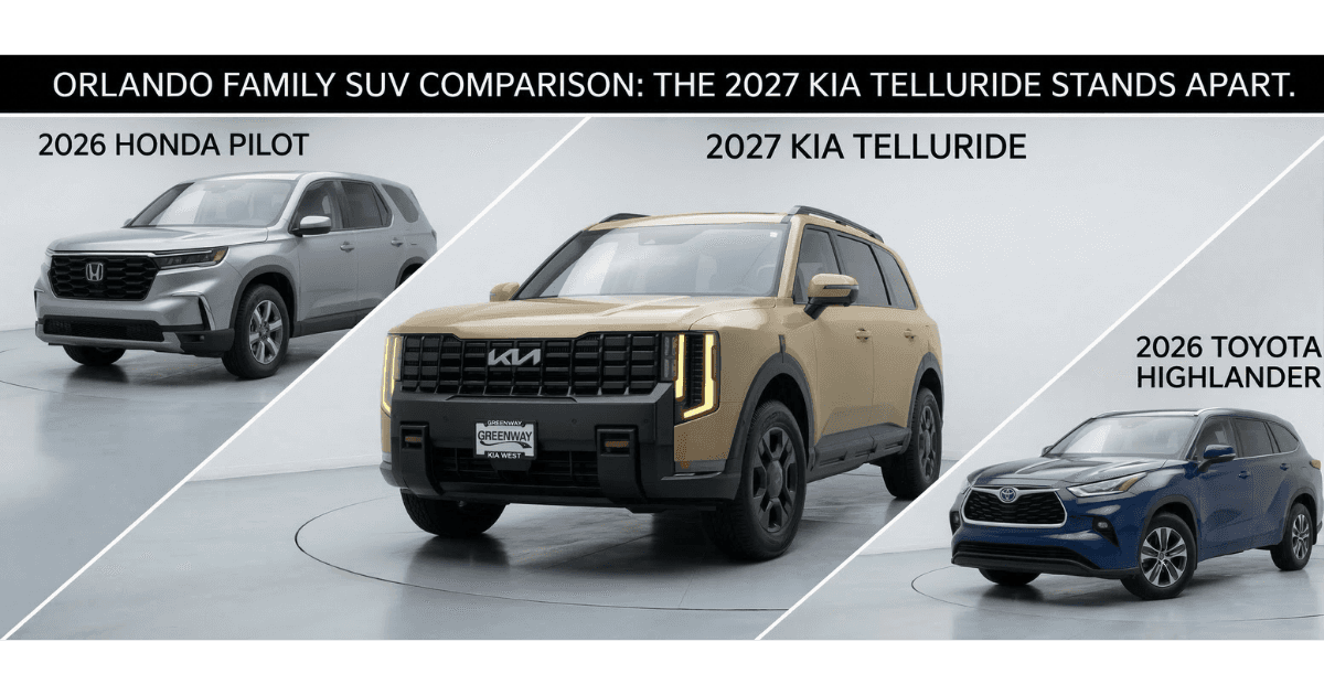 Spec comparison chart: Kia Telluride vs Honda Pilot vs Toyota Highlander in Orlando