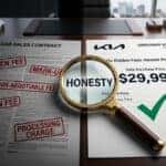 Magnifying glass highlighting the word 'Honesty' on a Greenway Kia West pricing sheet next to a car contract with red 'Hidden Fee' stamps.
