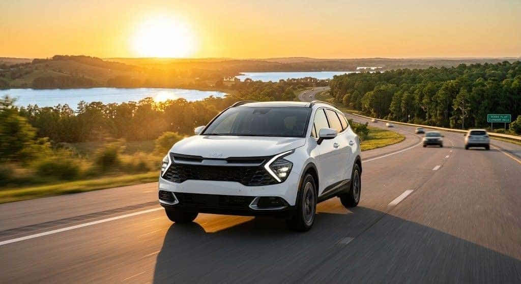 A modern white Kia Sportage SUV driving on a scenic highway with the signature rolling hills and green cypress trees of Clermont, Florida at sunset.