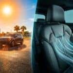 A high-end, dramatic split-perspective automotive marketing photograph. The left 40% of the image captures a blazing, intense golden sun beating down on a shimmering, hot black asphalt dealership parking lot with a modern Kia SUV parked in the background. The right 60% of the image smoothly transitions into the cool, dark, pristine interior cabin of a premium Kia SUV. The central focus is a close-up on a black perforated leather front seat, featuring soft, glowing cyan and frosty-blue digital airflow lines gracefully curving out of the perforations to visually demonstrate intense cooling relief. The composition creates a striking high contrast between the vibrant solar orange heat on the left and the crisp, refreshing teal-blue air-conditioned comfort on the right, styled as a professional commercial advertisement.