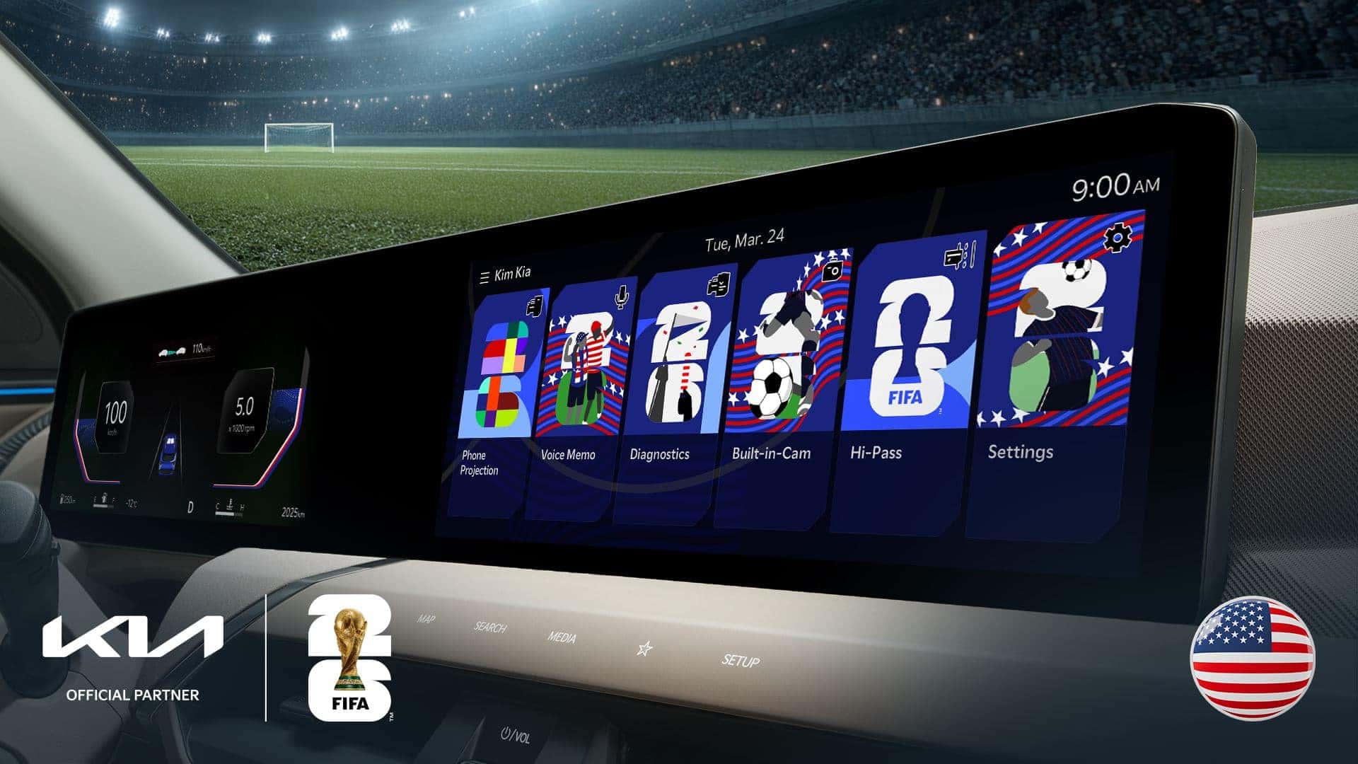 Kia Infotainment Screen showcasing the FIFA World Cup 2026 Theme