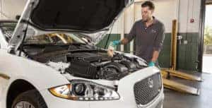 Jaguar oil change being performed by technician at service center