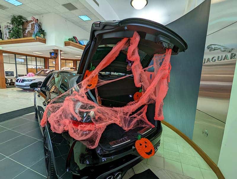 Jaguar car decorated for Halloween