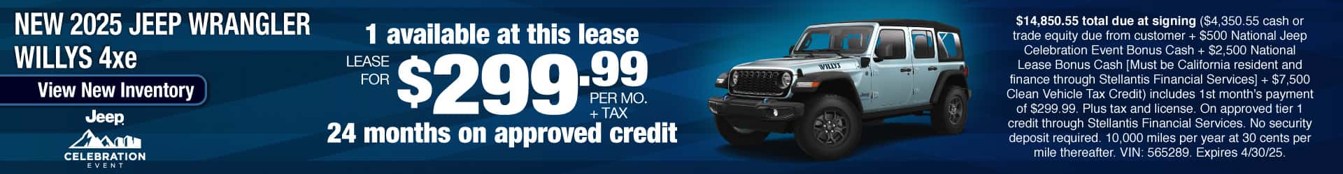 Lease a New 2025 Jeep Wrangler Willys 4xe for $299.99 per month for 24 months on approved credit. Expires 4/30/25.